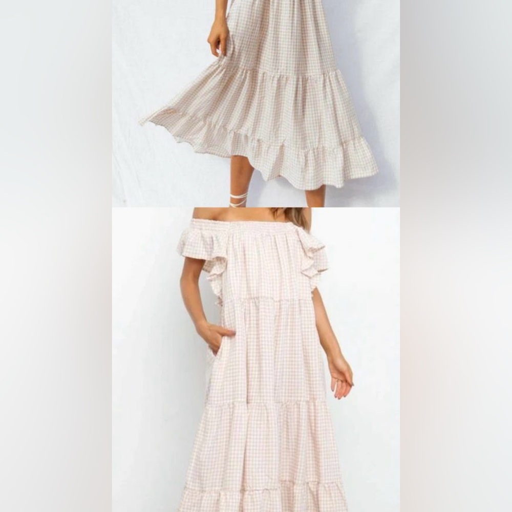 Petal & Pup Beige And White Gingham Off the Shoulder Ruffle Midi Dress Size 2 - Picture 2 of 8